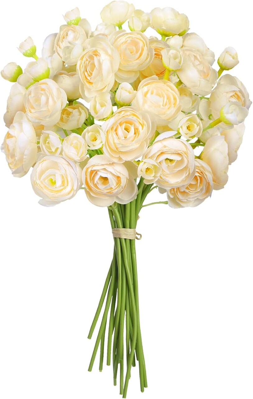 18Pcs Champagne Ranunculus Artificial Flowers, Faux Silk Mini Ranunculus with Stems, Fake Wedding Filler Flowers Bulk Floral Arrangements for Home, Table Centerpieces Bridal Shower DIY Bouquets Decor